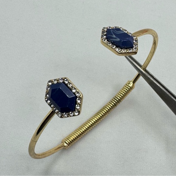 Gold Tone Blue Lucite Crystal Halo Cuff Bracelet Open Flexible Bangle - Picture 2 of 8